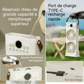 Ventilateur 50cm 650ml Chargement TYPE-C Autonomie de 3à9 h Temporisation libre Double ventilateur à 6 trous Ventilateur brumisateur